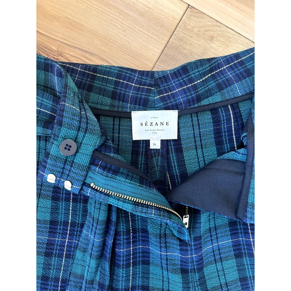 Sezane Lucas Shorts Green Plaid Dressy Green Blue Tie Waist Size 36 US 4 EUC - Picture 2 of 5